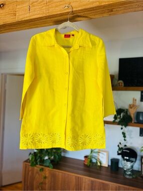 Oscar de la Renta Bright Yellow Linen Blend Button-Up Shirt, Size 6